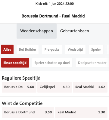 Champions League finale odds Borussia Dortmund - Real Madrid 01//06/2024